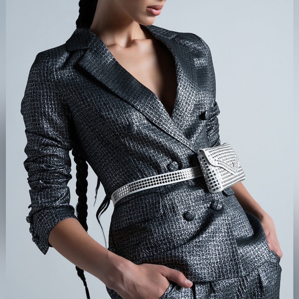 AKIRA Evening Calls Brocade Blazer Black & Silver Plus Size 1X NWT